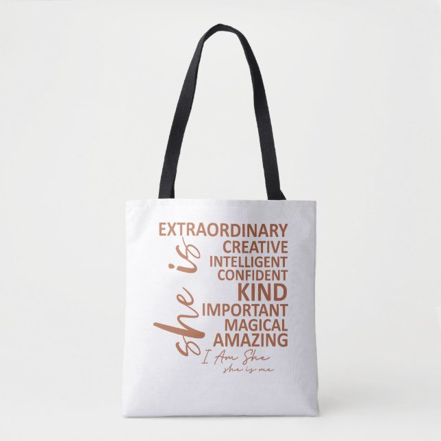 "She is Me" Mocha Mousse Affirmation Typography Tote Bag (Front)