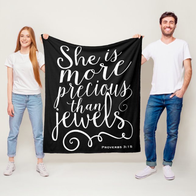 She is more precious than Jewels Proverbs Black Fleece Blanket (In Situ)