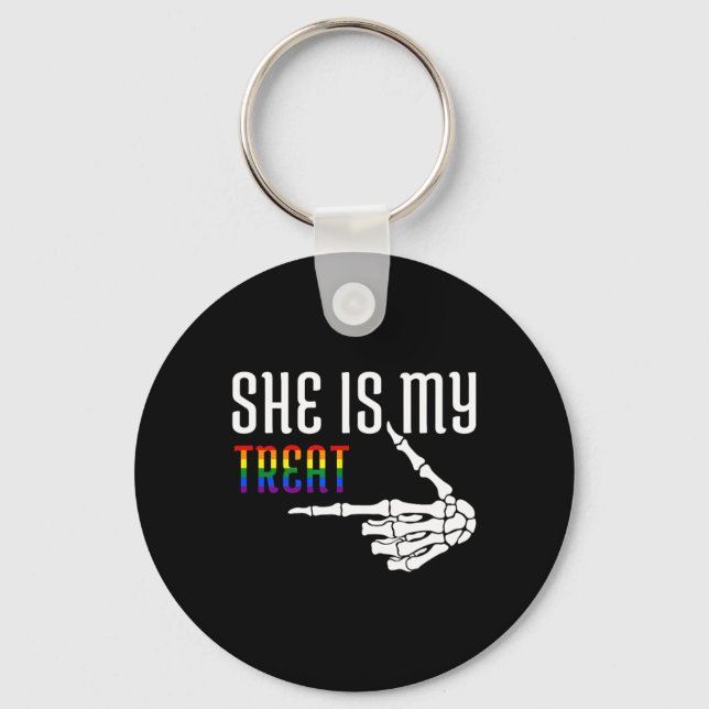 She Is My Treat Skeleton Matching Couple Halloween Keychain (Front)