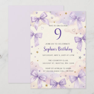 She Is On Cloud 9 Purple Bows 9th Birthday Invitation