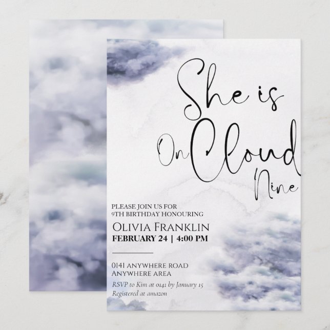 She is on cloud nine birthday  invitation (Front/Back)