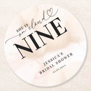 She is on Cloud Nine Heart Script Bridal Shower Round Paper Coaster