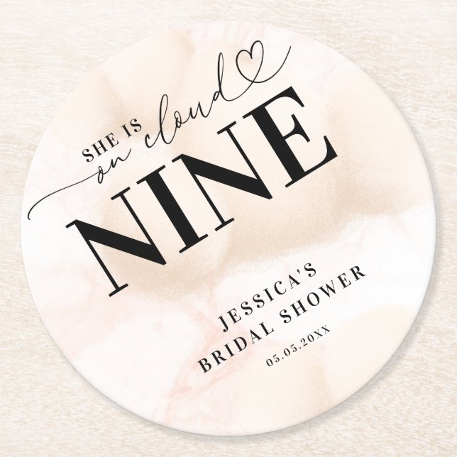 She is on Cloud Nine Heart Script Bridal Shower Round Paper Coaster (Front)