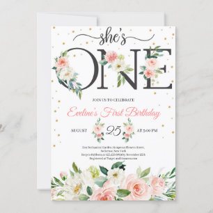 She is ONE floral letters and blush pink roses Invitation