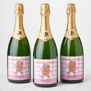 She Is Ready To Pop Baby Shower Gingham Pink Retro Sparkling Wine Label