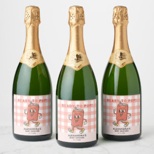 She Is Ready To Pop Baby Shower Gingham Red Retro Sparkling Wine Label