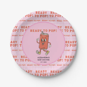 She Is Ready To Pop Baby Shower Pink Gingham Soda Paper Plate