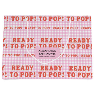 She Is Ready To Pop Baby Shower Retro Pink Gingham Large Gift Bag