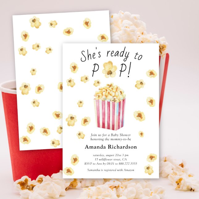 She is Ready to Pop Watercolor Popcorn Baby Shower Invitation (Creator Uploaded)
