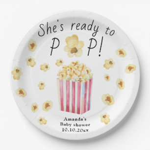 She is Ready to Pop Watercolor Popcorn Baby Shower Paper Plate