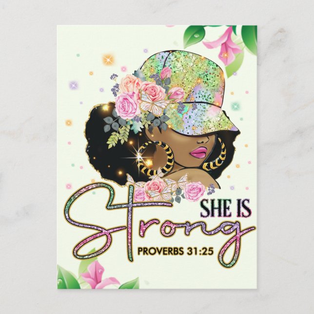 She is strong, melanin, sista, black girl magic, b postcard (Front)