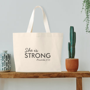 She is Strong   Proverbs 31:25 Christian Faith Large Tote Bag