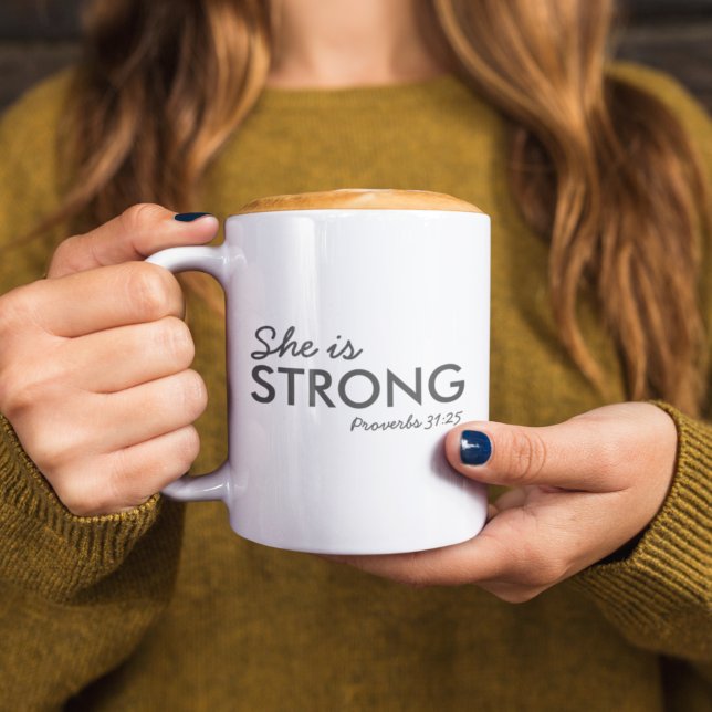 She is Strong | Proverbs 31:25 Christian Faith Two-Tone Coffee Mug (Creator Uploaded)