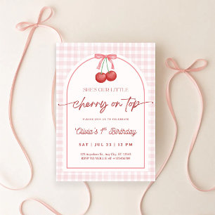 She is the Cherry on Top Gingham 1st Birthday Invitation