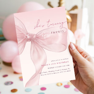 She is Turning Twenty Blush Bow Birthday Invitation