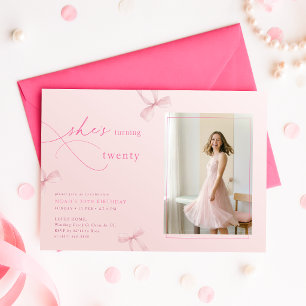 She is Turning Twenty Pink Bow Photo 20th birthday Invitation