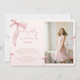She is Turning Twenty Pink Bow Photo Birthday Invitation