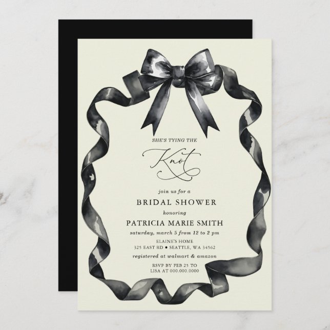 She is tying the knot black bow Bridal Shower Invitation (Front/Back)