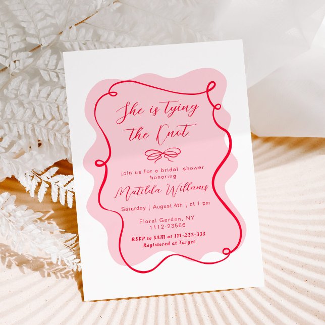She is tying the knot pink red bow bridal shower invitation (Creator Uploaded)