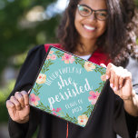 She Persisted | Custom Class Year Graduation Cap Topper<br><div class="desc">Cute grad cap topper features "nevertheless,  she persisted" in white brush script lettering on a vibrant turquoise background adorned with pink watercolor flowers and green foliage. Personalize with your class year.</div>