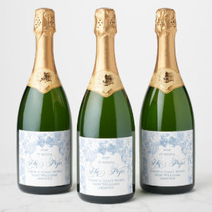 She Pops Blue Toile Safari Animal Baby Shower Sparkling Wine Label