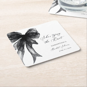 She’s Tying The Knot Black Bow Bridal Shower Square Paper Coaster