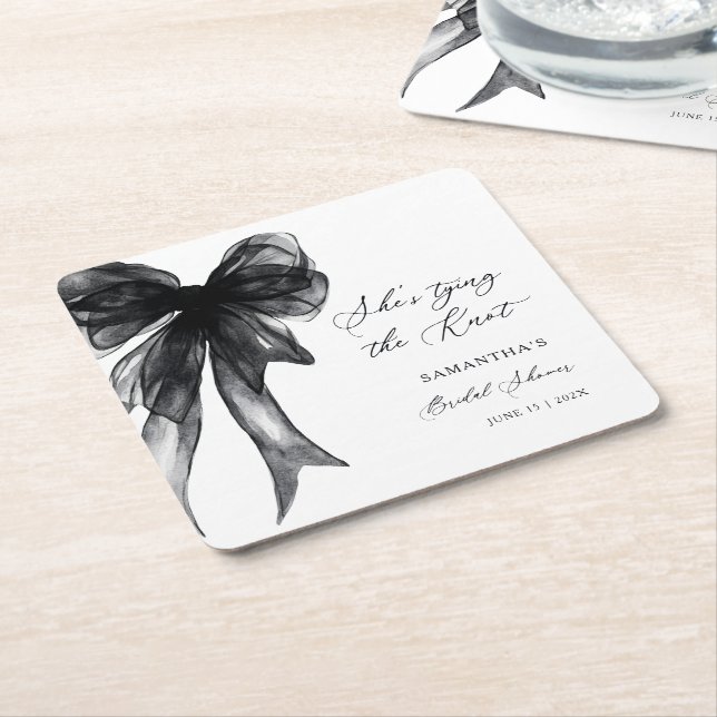 She’s Tying The Knot Black Bow Bridal Shower Square Paper Coaster (Angled)