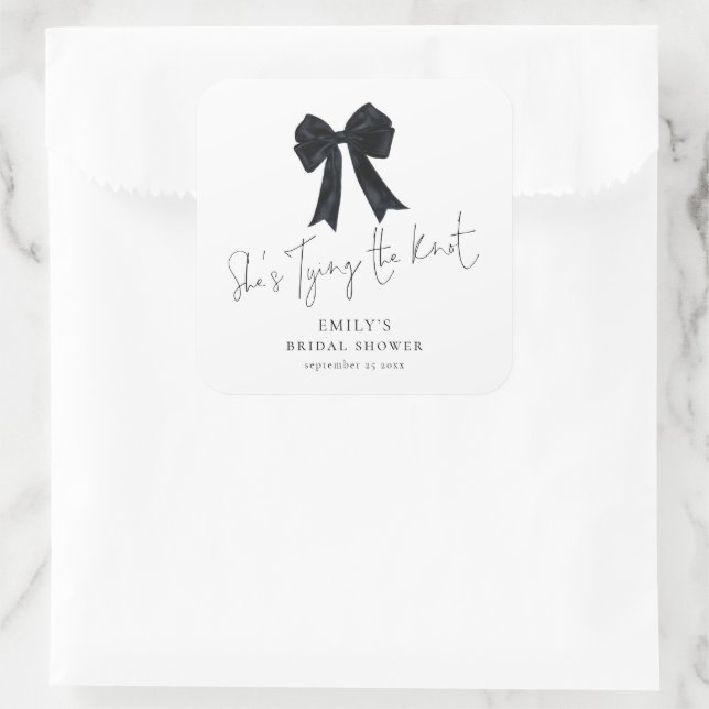 She’s Tying The Knot Black Bow Bridal Shower Square Sticker (Bag)