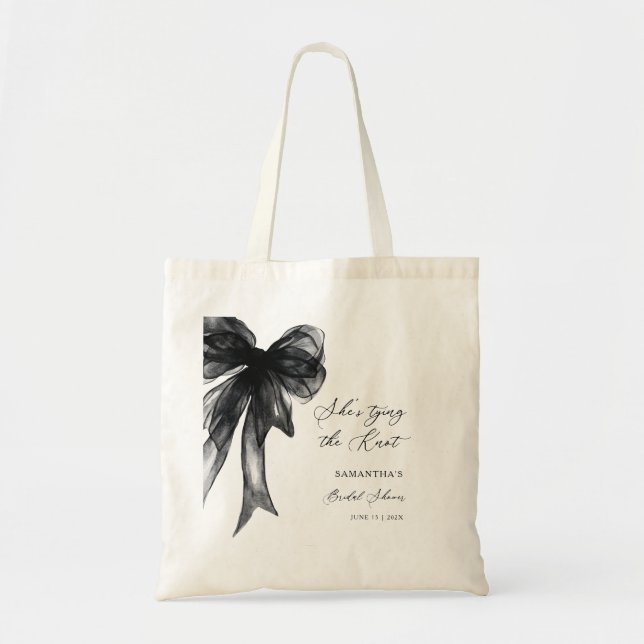 She’s Tying The Knot Black Bow Bridal Shower Tote Bag (Front)
