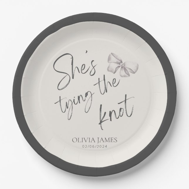 She’s tying the knot bridal shower paper plate (Front)