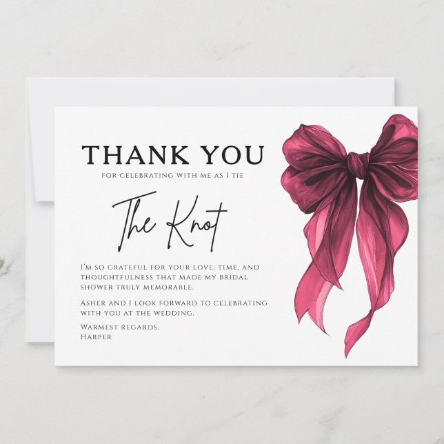 She’s Tying The Knot Red Bow Bridal Shower Thank You Card (Front)
