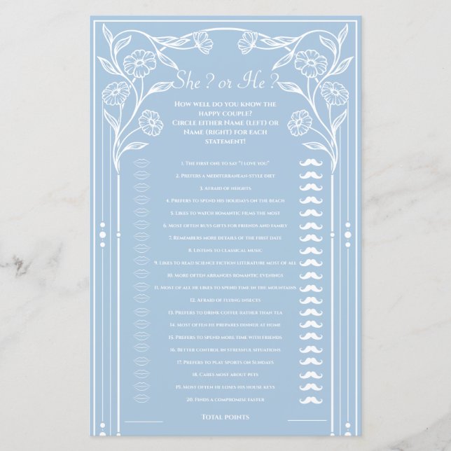 She Said, He Said Cute Wedding Game Printable (Front)