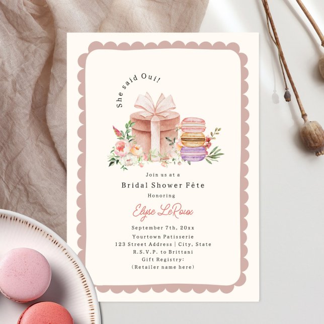 She Said Oui French Macaron Bridal Shower Scallop Invitation (Creator Uploaded)