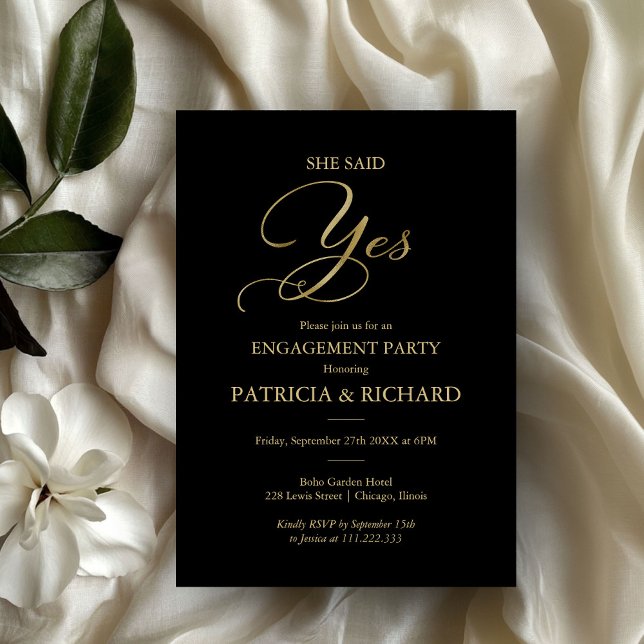 She Said Yes Black Gold Script Engagement Party Invitation (Creator Uploaded)