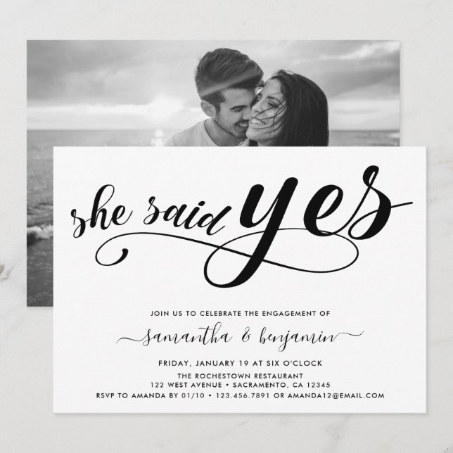 She Said Yes Black& White Photo Engagement Party Invitation (Front/Back)