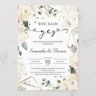 She said yes boho ivory roses greenery engagement invitation