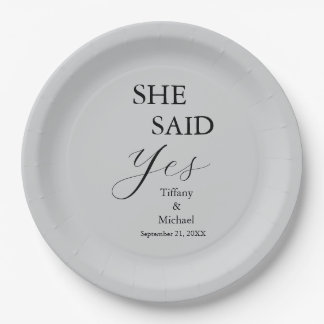She Said Yes Bridal Shower Grey Paper Plate