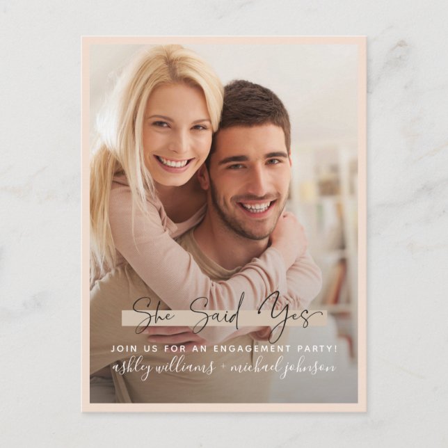 She Said Yes Calligraphy Photo Blush Engagement Announcement Postcard (Front)