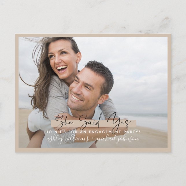 She Said Yes Calligraphy Photo Blush Engagement Announcement Postcard (Front)