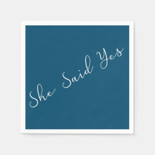 She Said Yes, Elegant Typography in White and Blue Napkin