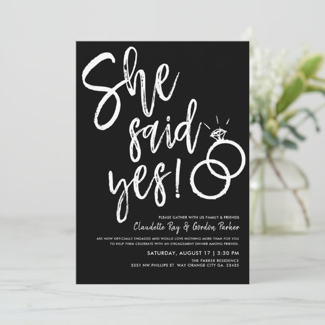 She Said Yes! | Engagement Dinner Black Invitation (Standing Front)