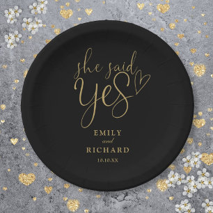 She Said Yes Engagement Party Black And Gold Paper Plate