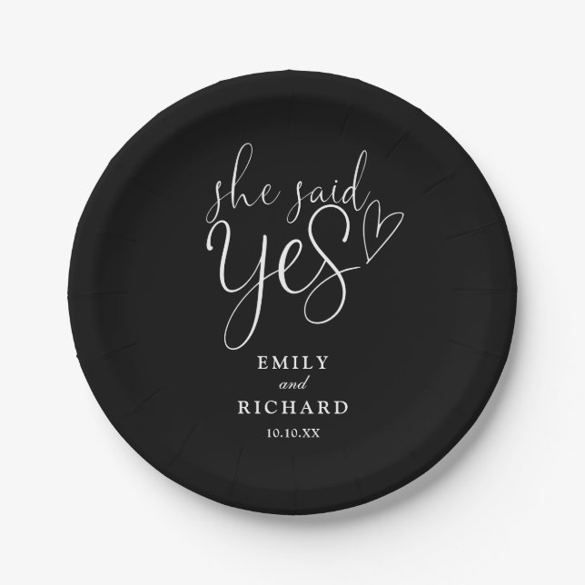 She Said Yes Engagement Party Black And White Paper Plate (Front)