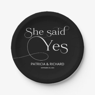 She Said Yes Engagement Party Black Paper Plate