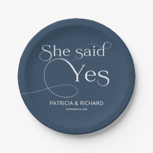 She Said Yes Engagement Party Blue Paper Plate