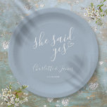 She Said Yes Engagement Party Dusty Blue Paper Plate<br><div class="desc">These stylish dusty blue "she said yes" engagement party plates can be personalized with your engagement party details. Designed by Thisisnotme©</div>