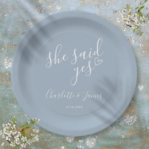 She Said Yes Engagement Party Dusty Blue Paper Plate