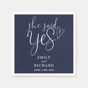She Said Yes Engagement Party Elegant Navy Blue Napkin