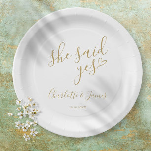 She Said Yes Engagement Party Gold Heart Paper Plate