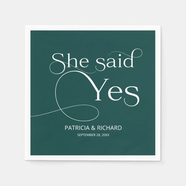 She Said Yes Engagement Party Green Napkin (Front)